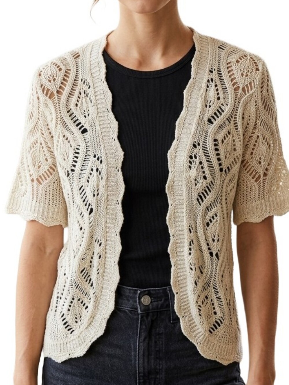Cream & Gold Open-Front Wavy Crochet Cardigan NWOT